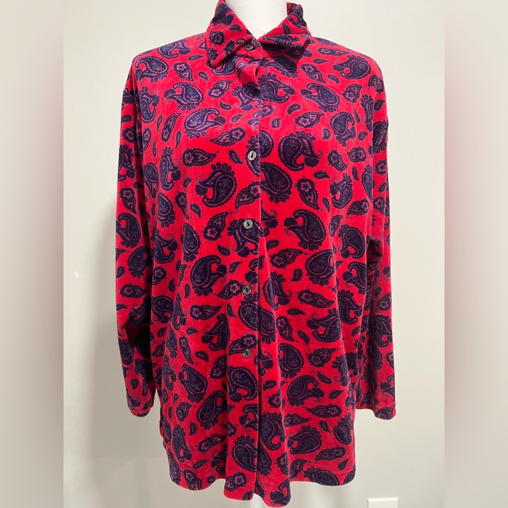 Vintage 90s Karen Scott Red Sweater with a Purple Paisley Pattern